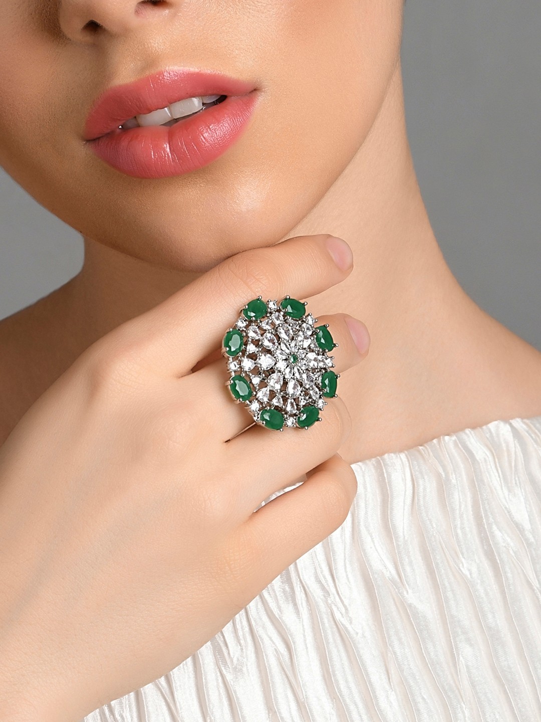 

Fida Rhodium-Plated Green AD-Studded Finger Ring
