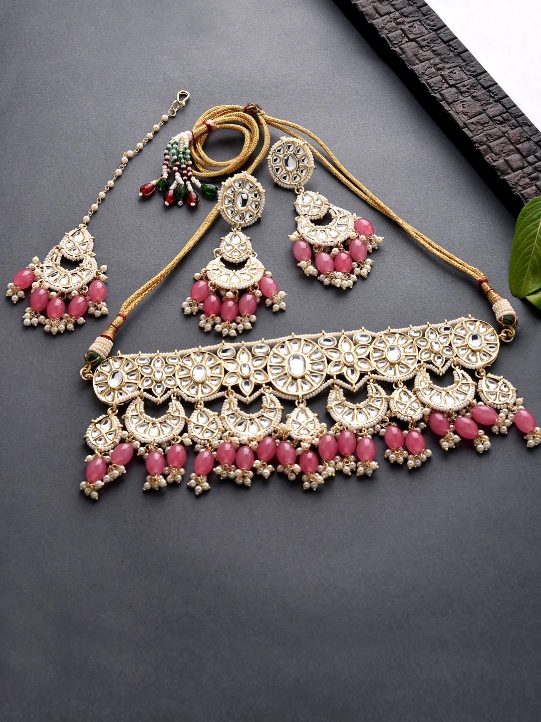 

Fida Gold-Plated Pink & White Kundan Studded & Beaded Handcrafted Jewellery Set