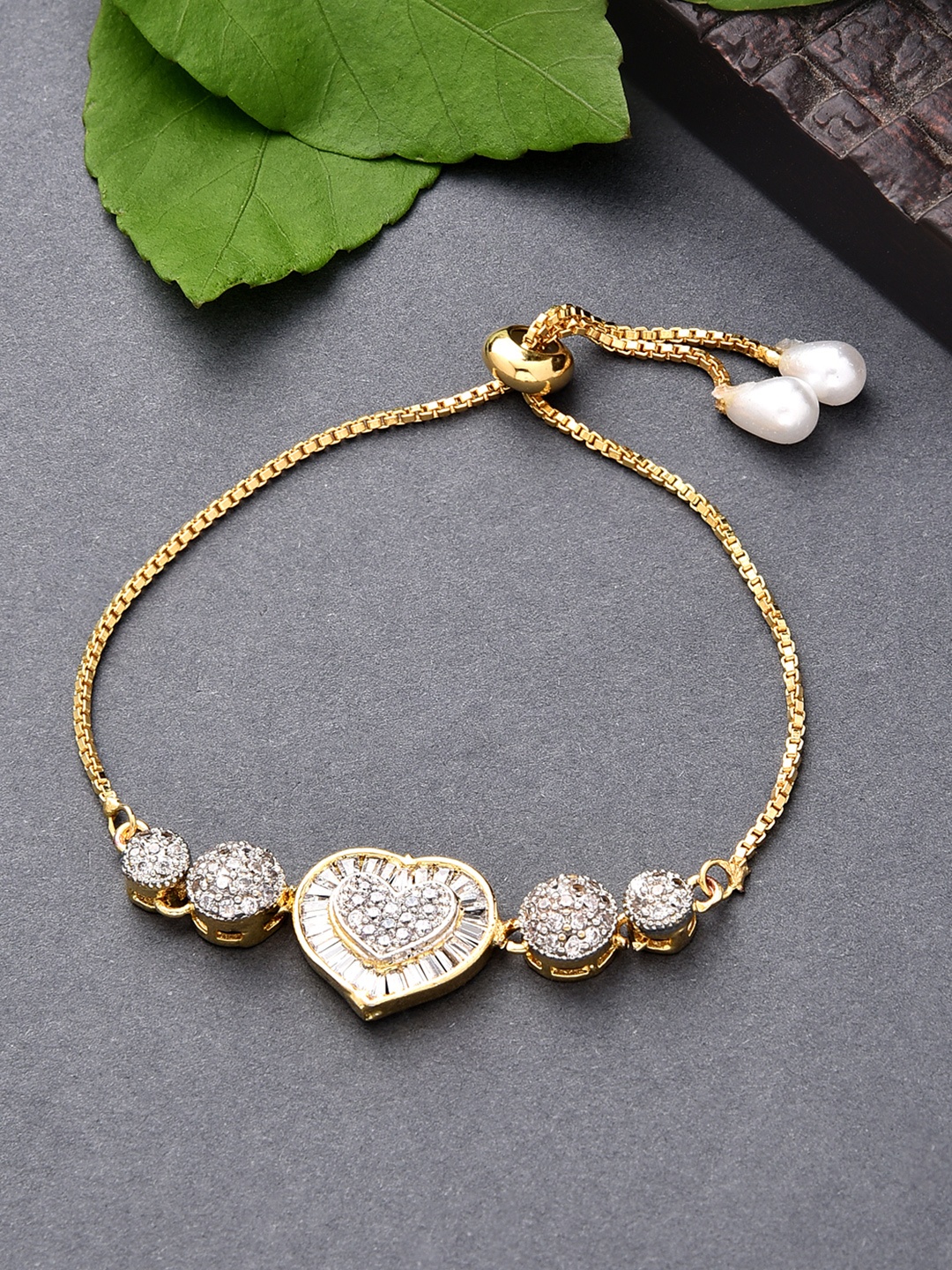 

Fida White & Gold-Toned Brass AD Studded Rhodium-Plated Charm Bracelet
