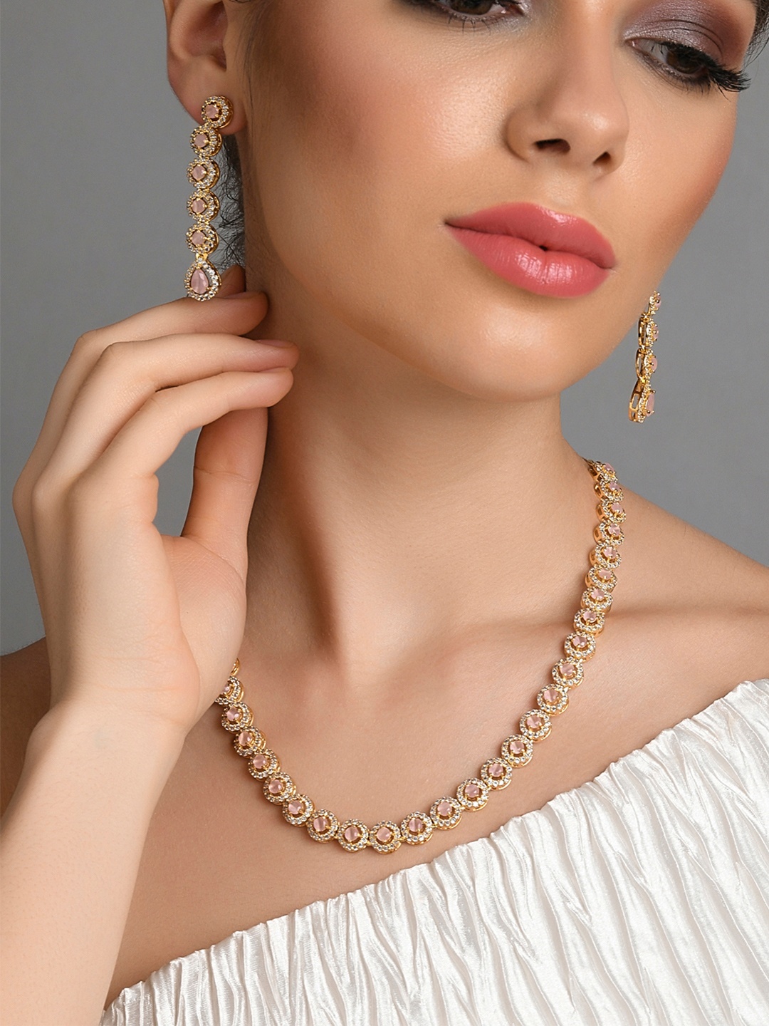 

Fida Rhodium-Plated Pink & White AD Studded Jewellery Set