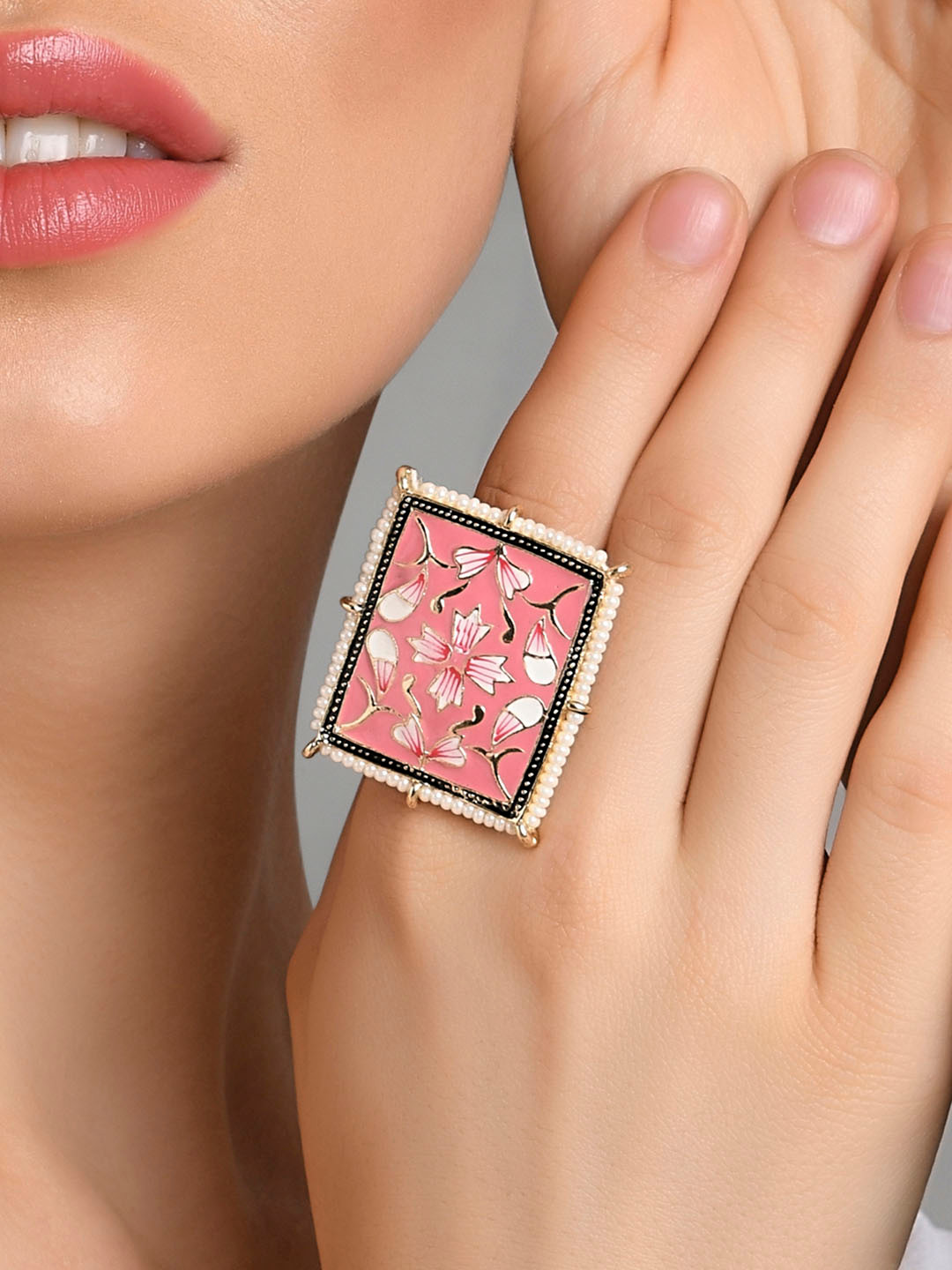

Fida Women Pink Gold-Plated Meenakari Square Kundan Ring