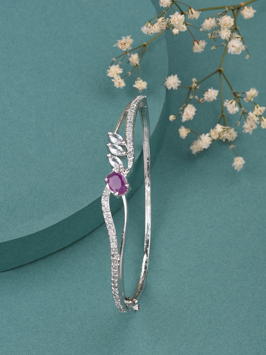 

Fida Women Silver-Toned & Pink Brass American Diamond Handcrafted Rhodium-Plated Bangle-Style Bracelet