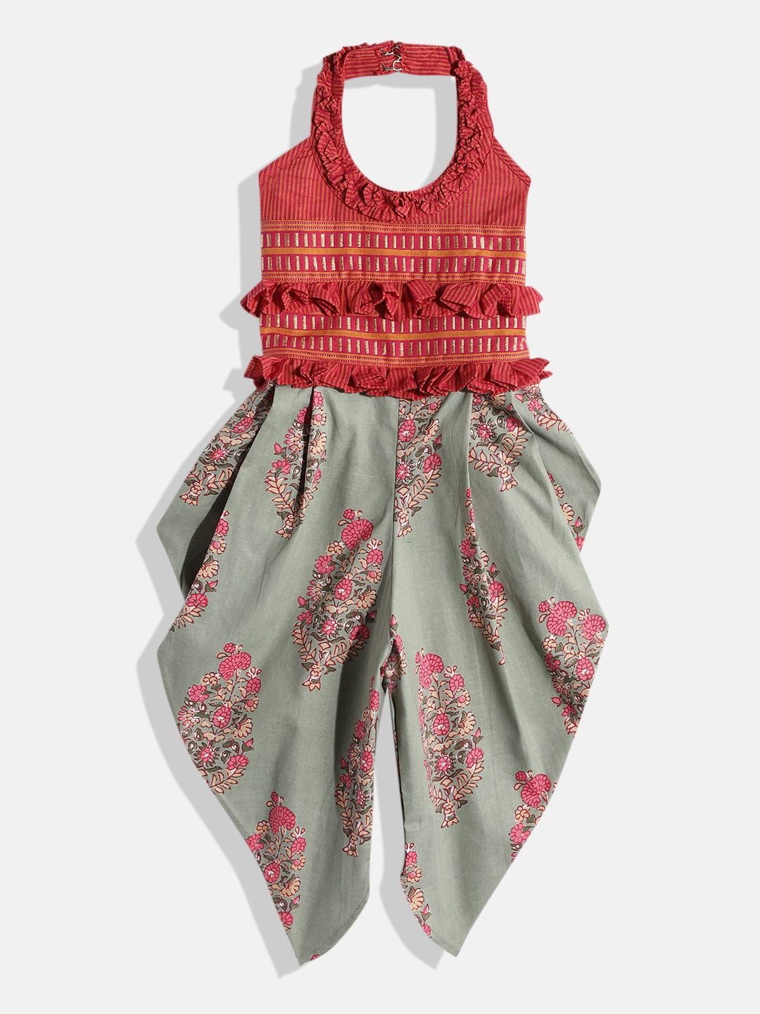 

Twisha Girls Pink & Grey Printed Basic Jumpsuit with Ruffles