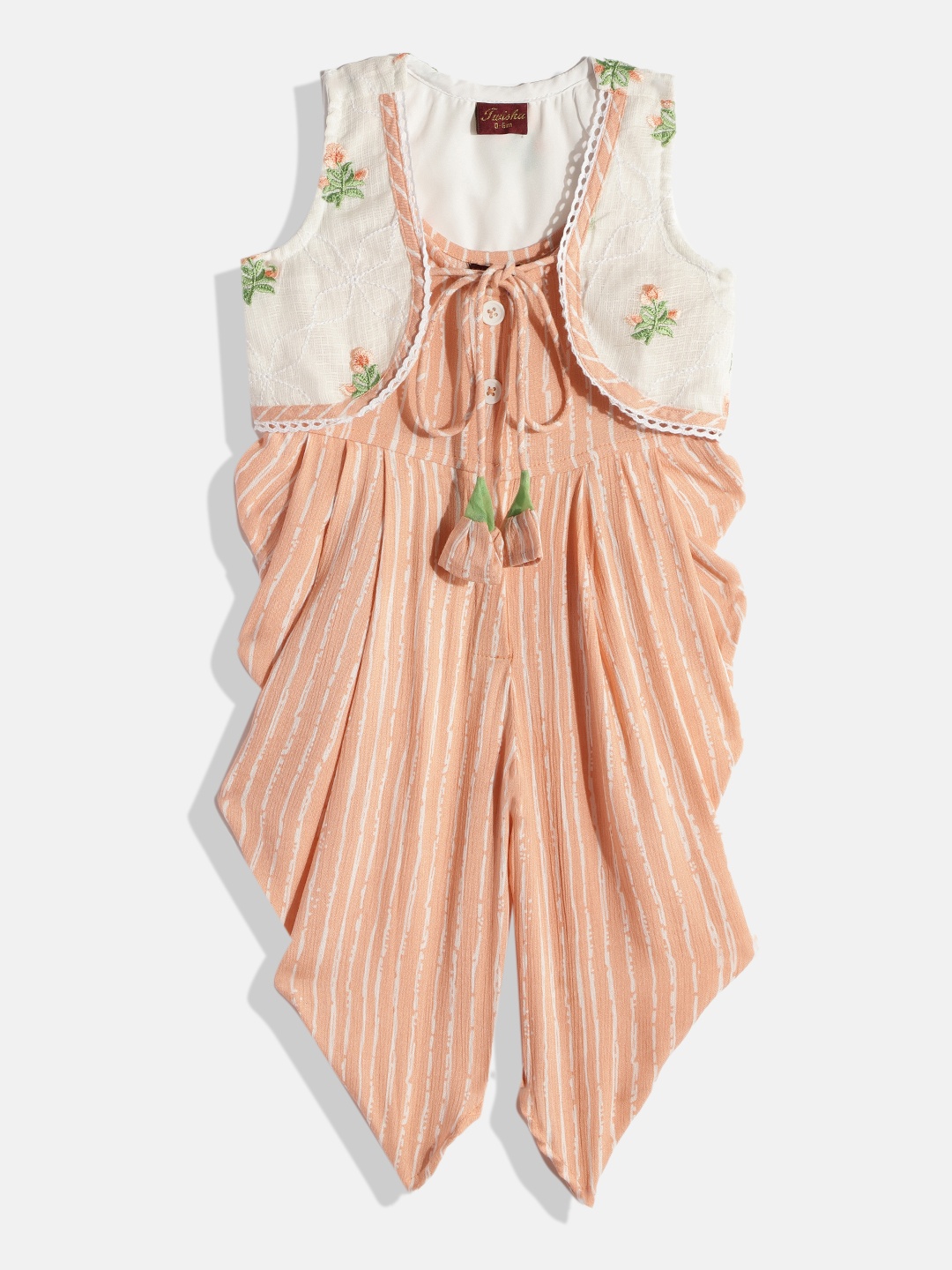 

Twisha Girls Peach-Coloured & White Embroidered Basic Jumpsuit with Jacket