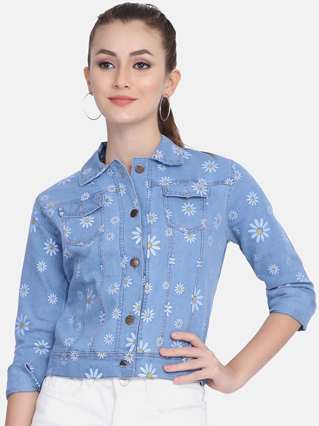 

BUY NEW TREND Women Blue Floral Lightweight Denim Jacket