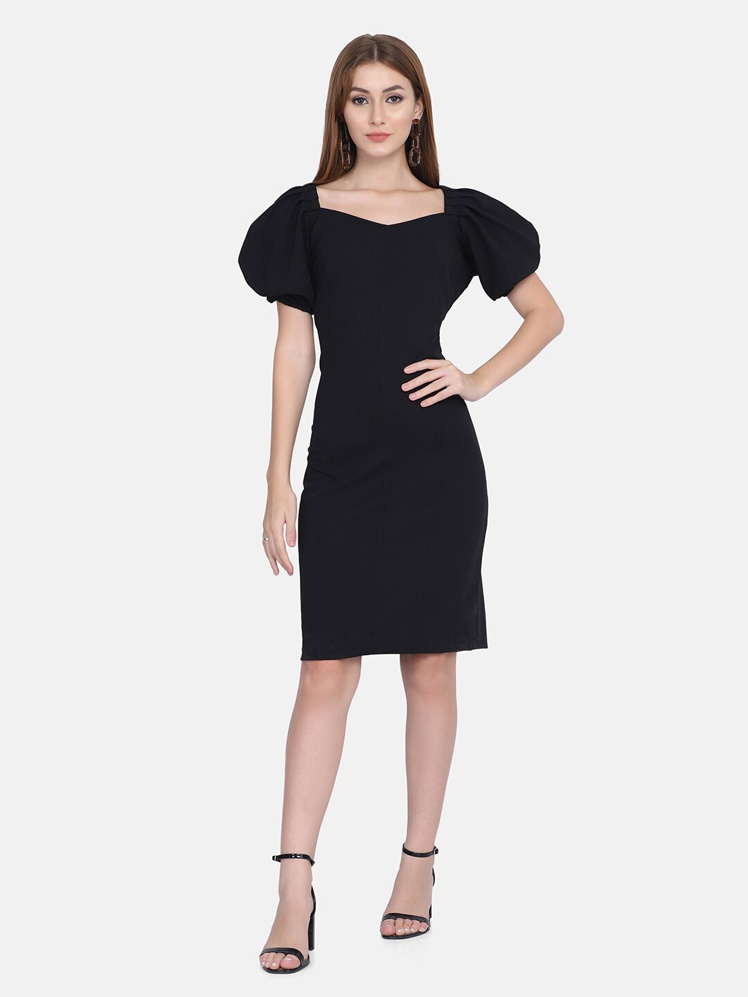 

BUY NEW TREND Black Puff Sleeves Sheath Dress