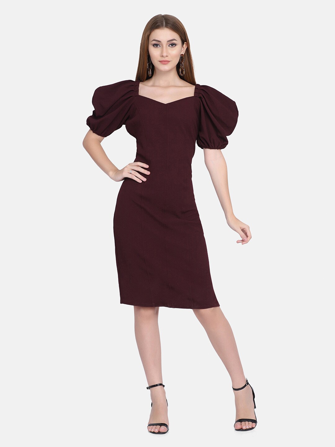 

BUY NEW TREND Brown Puff Sleeves Sheath Dress