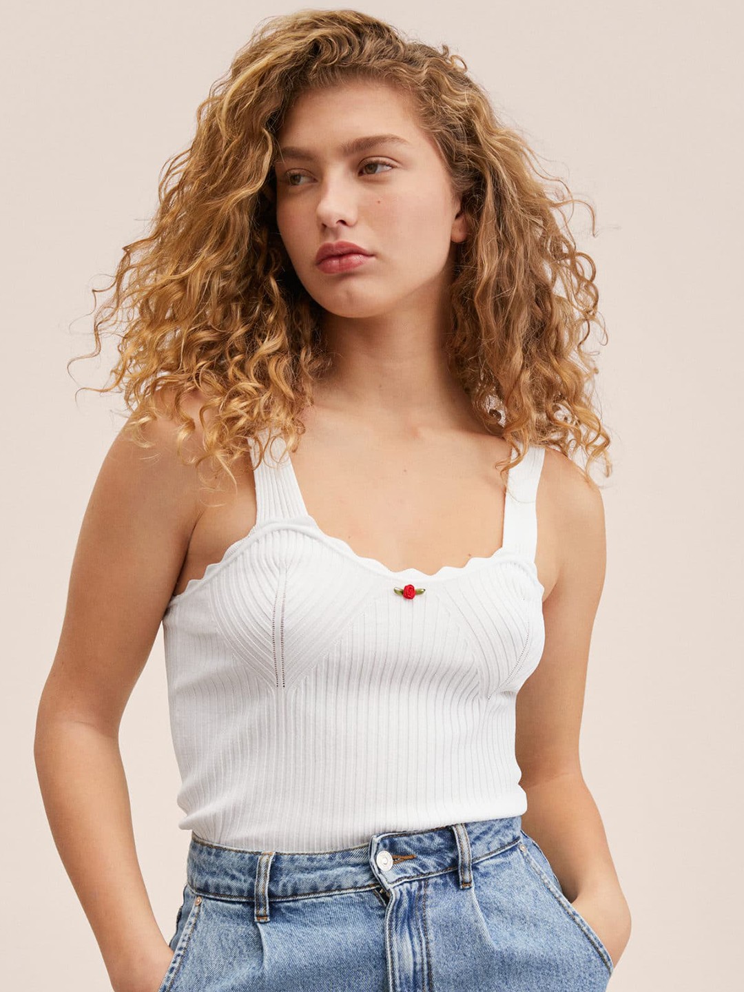 

MANGO Women White Ribbed Top