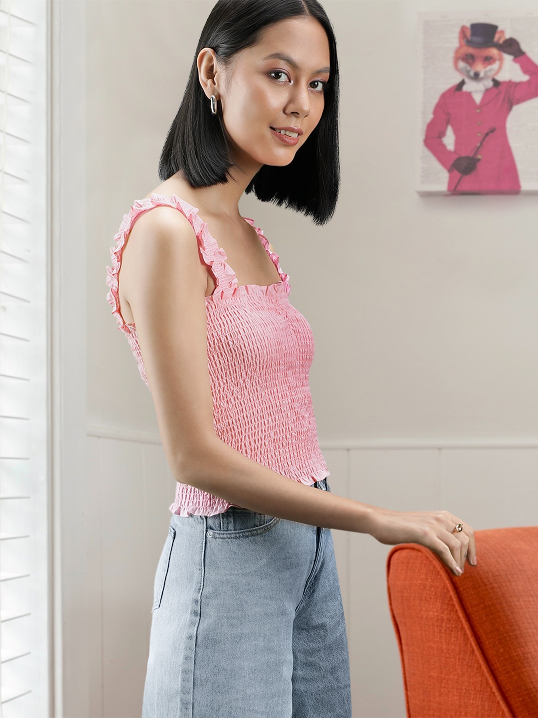 

MANGO Women Pink Smocked Crop Pure Cotton Top