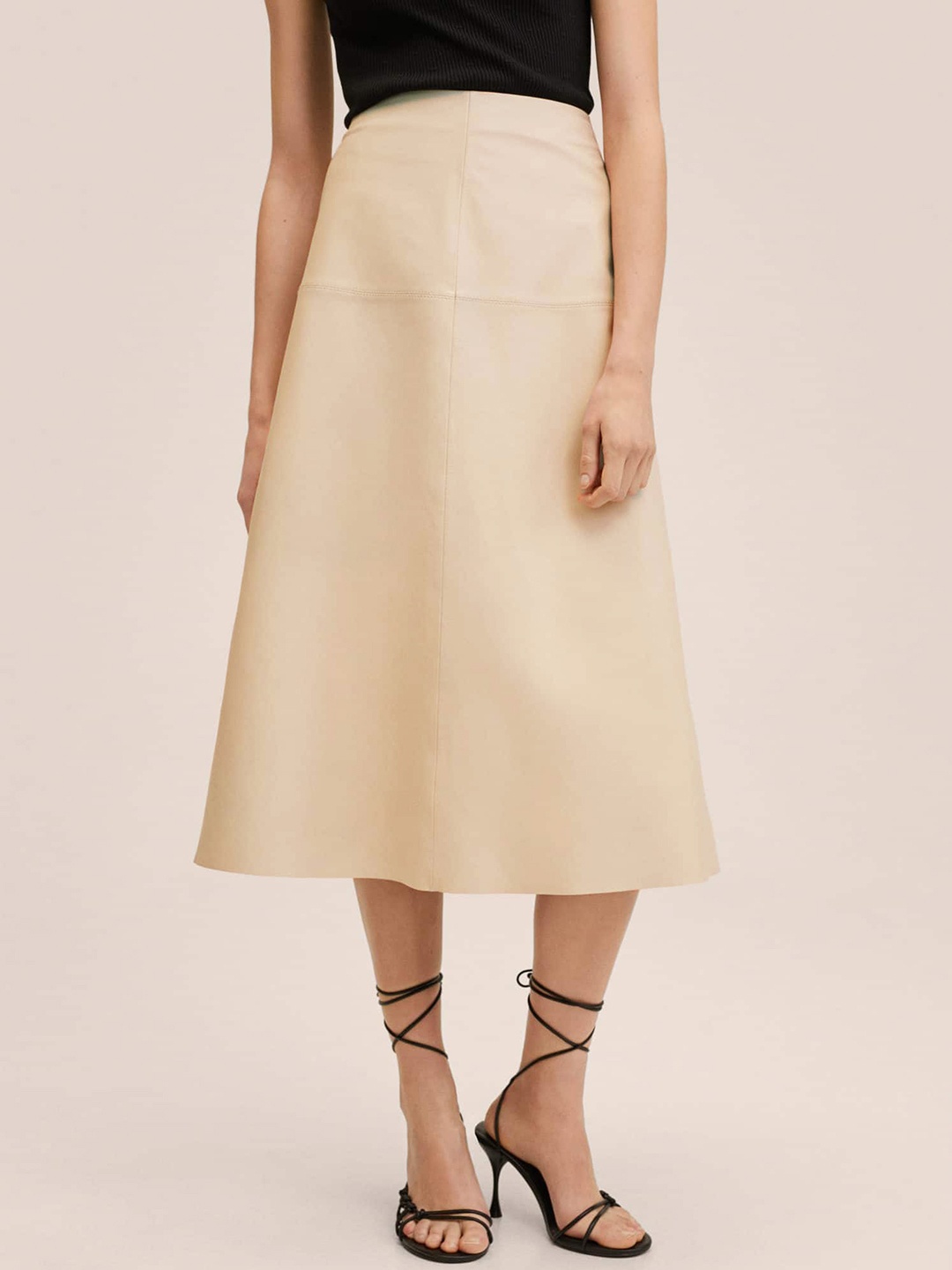 

MANGO Off-White Leather Solid Casual A-Line Midi Skirt