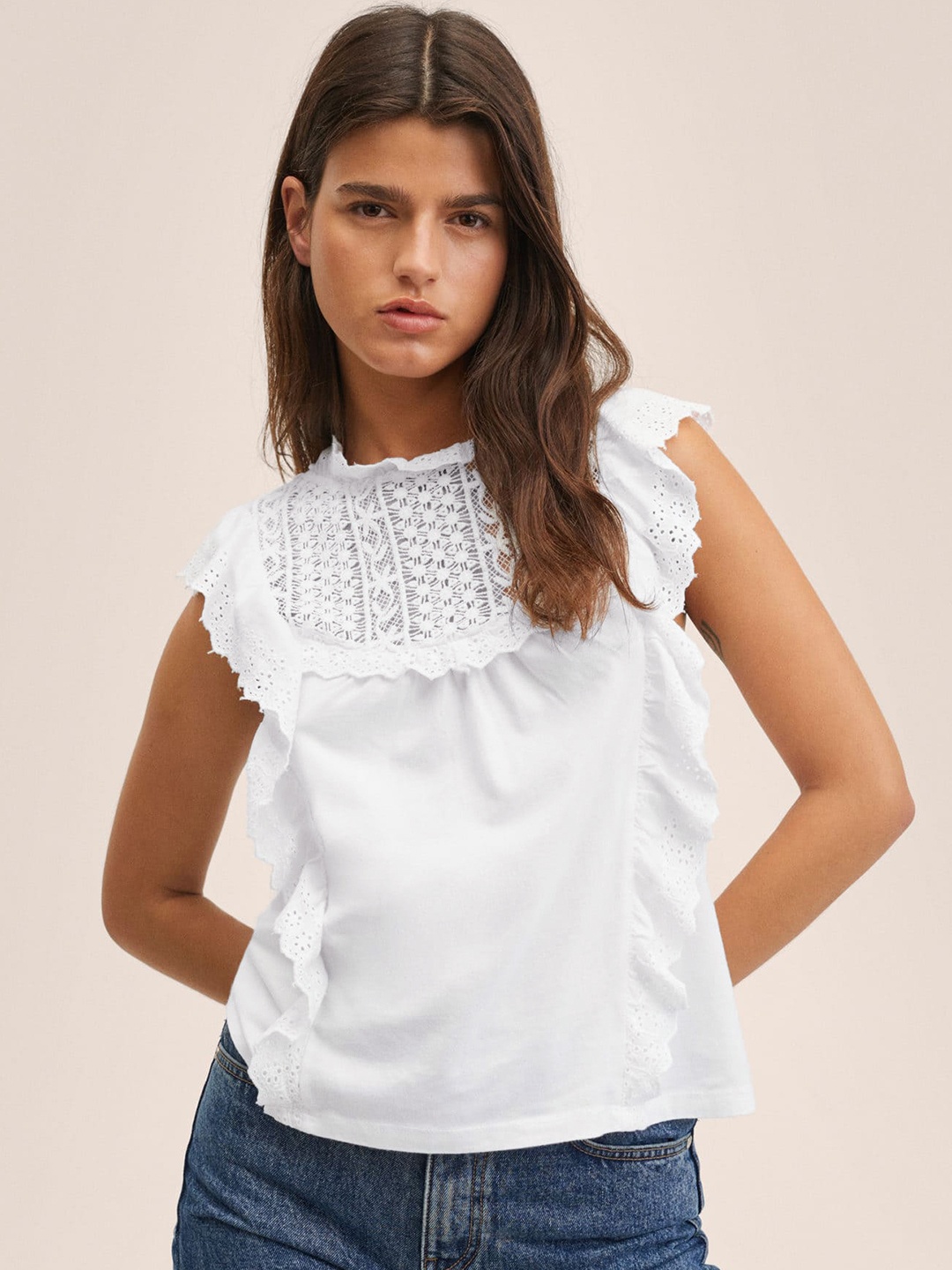 

MANGO Women White Solid Pure Cotton Lace Inserts Ruffle Top