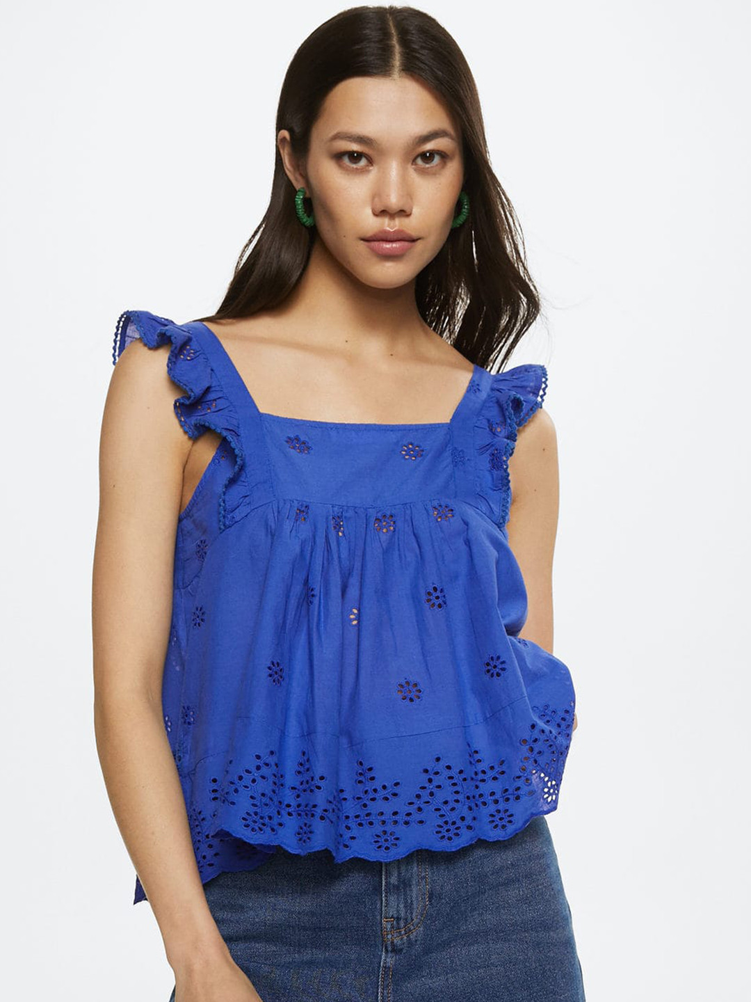 

MANGO Blue Schiffli Embroidered Ruffled Top