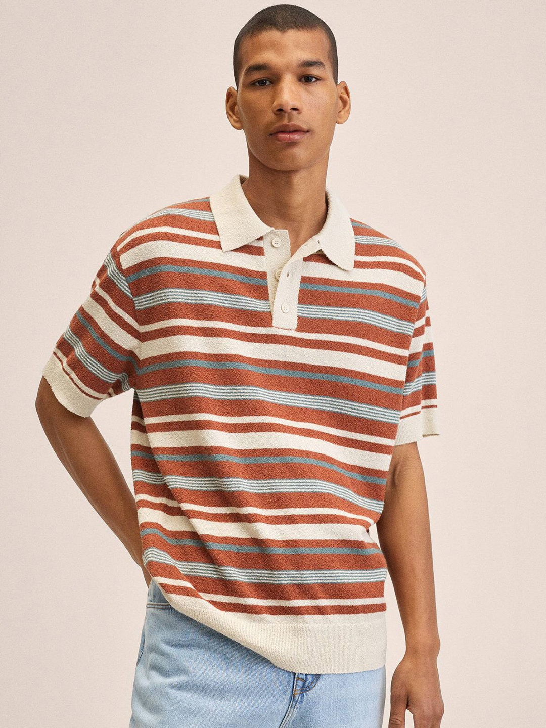 

MANGO MAN Cream-Coloured & Rust Brown Striped Polo Collar T-shirt