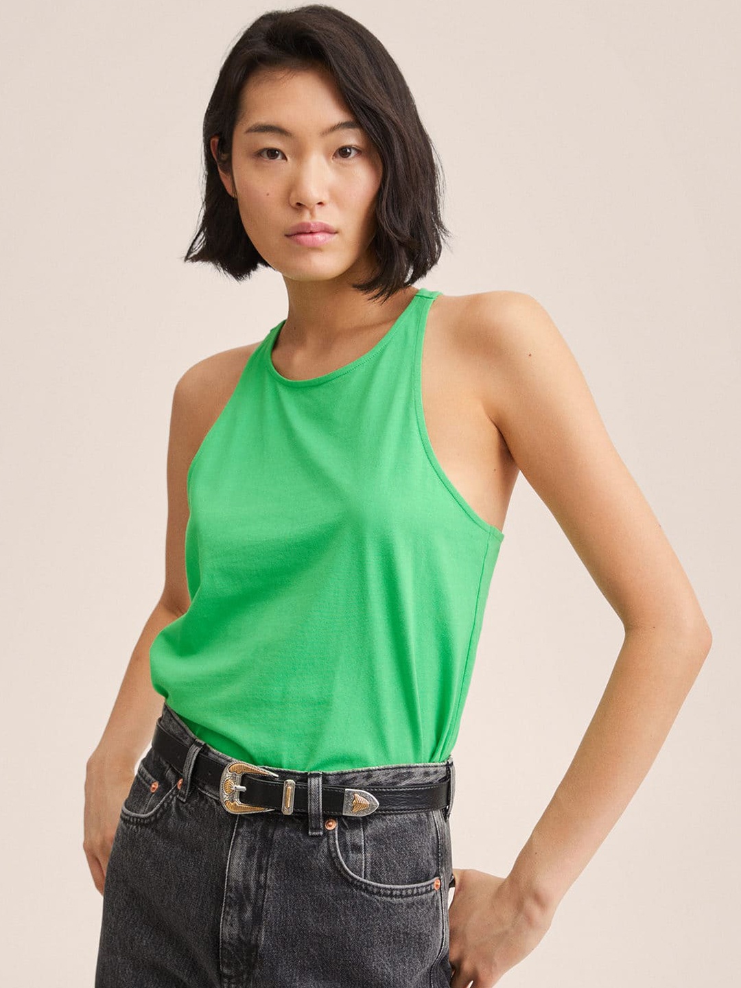 

MANGO Women Green Solid Pure Cotton Top