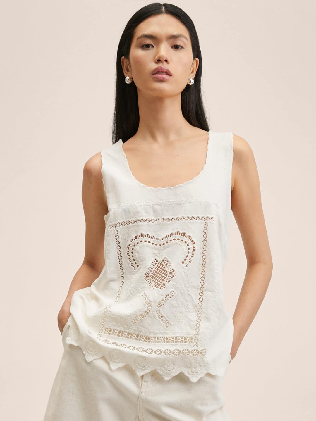 

MANGO Women Off-White Embroidered Top