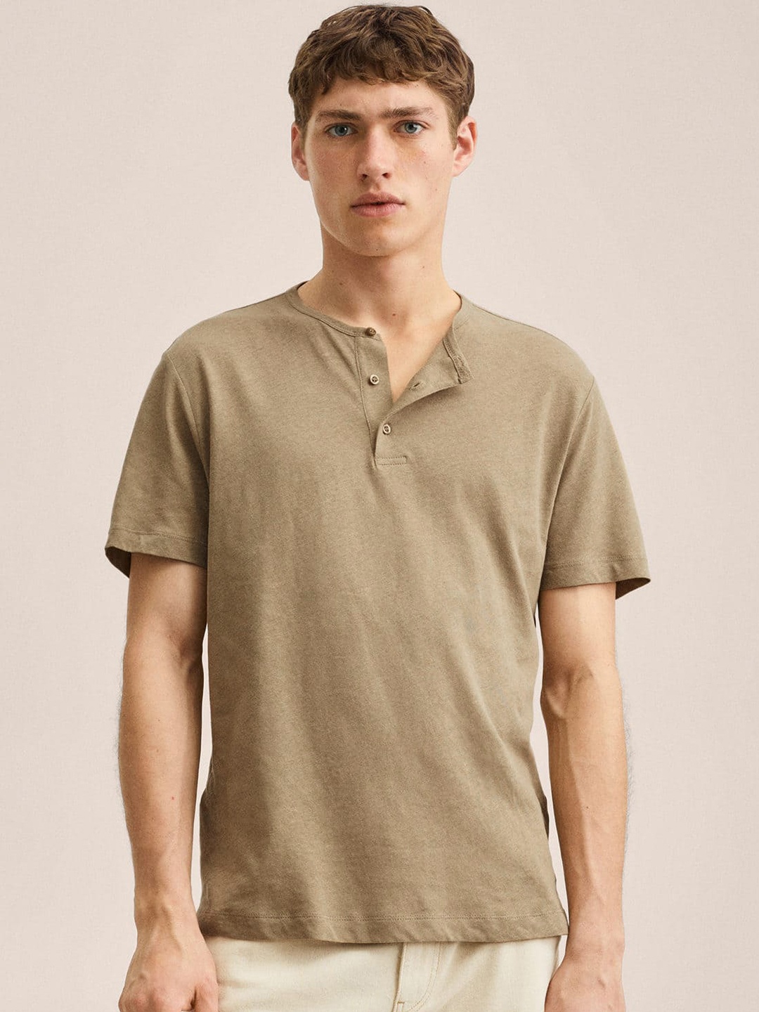 

MANGO MAN Khaki Henley Neck Pure Cotton T-shirt