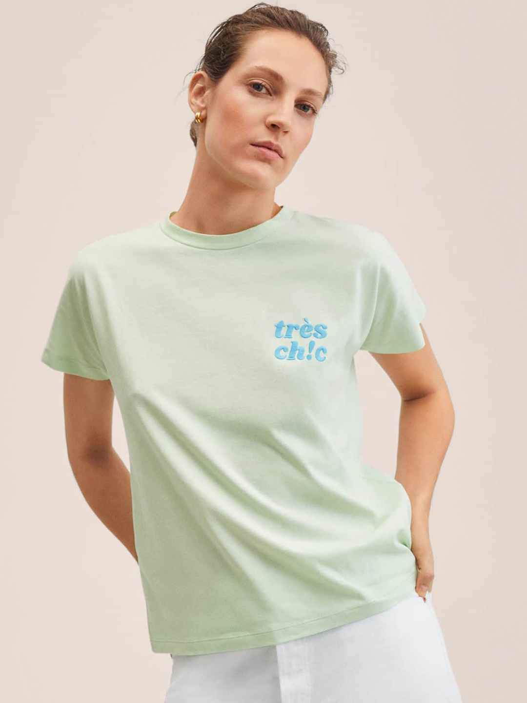 

MANGO Women Green Typography Print Detail Cotton Extended Sleeves T-shirt