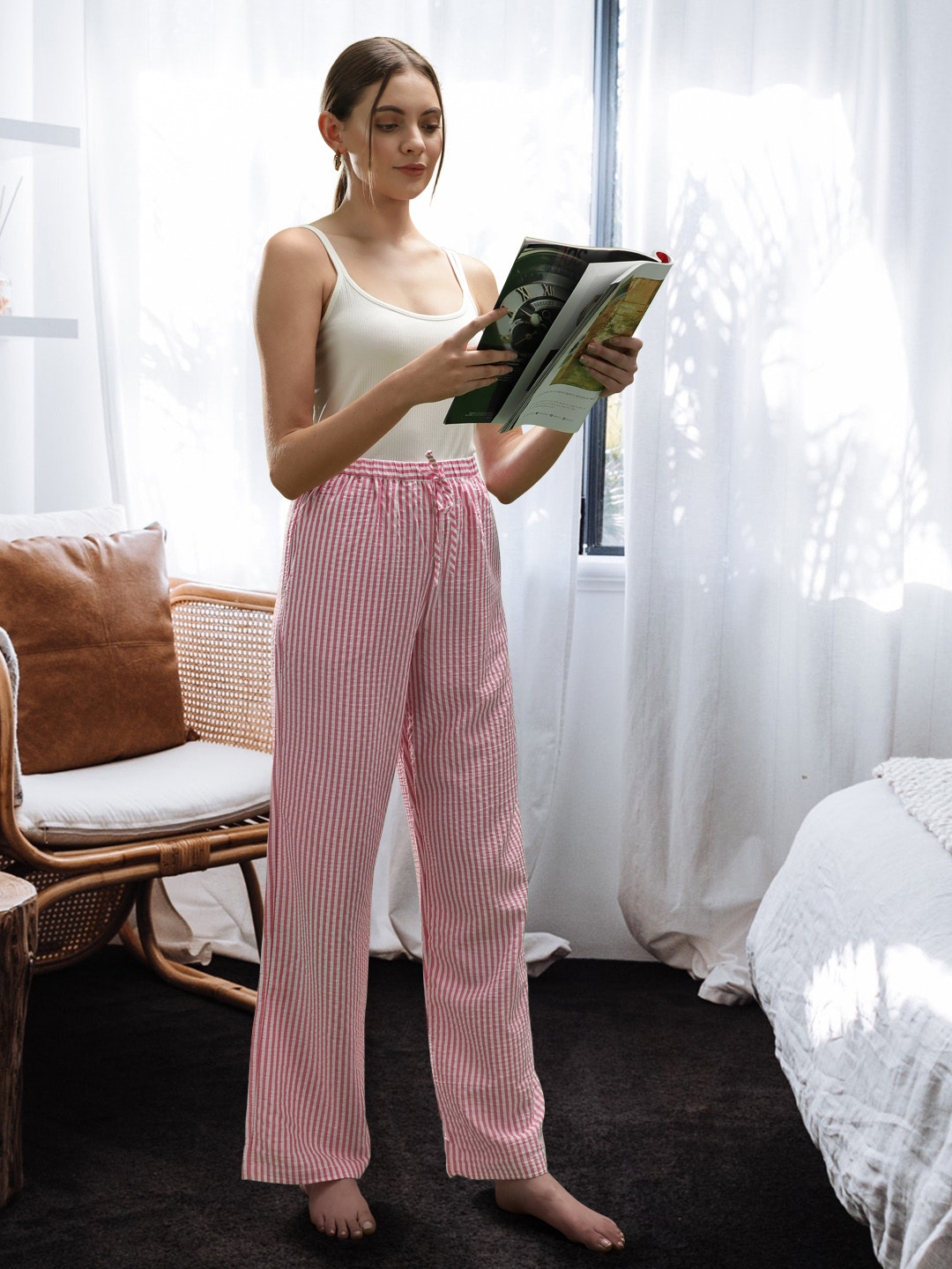 

MANGO Women Pink & White Striped Trousers