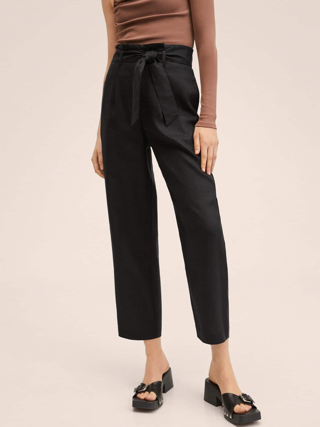 

MANGO Women Black Pure Linen Solid Trousers Comes with a Belt