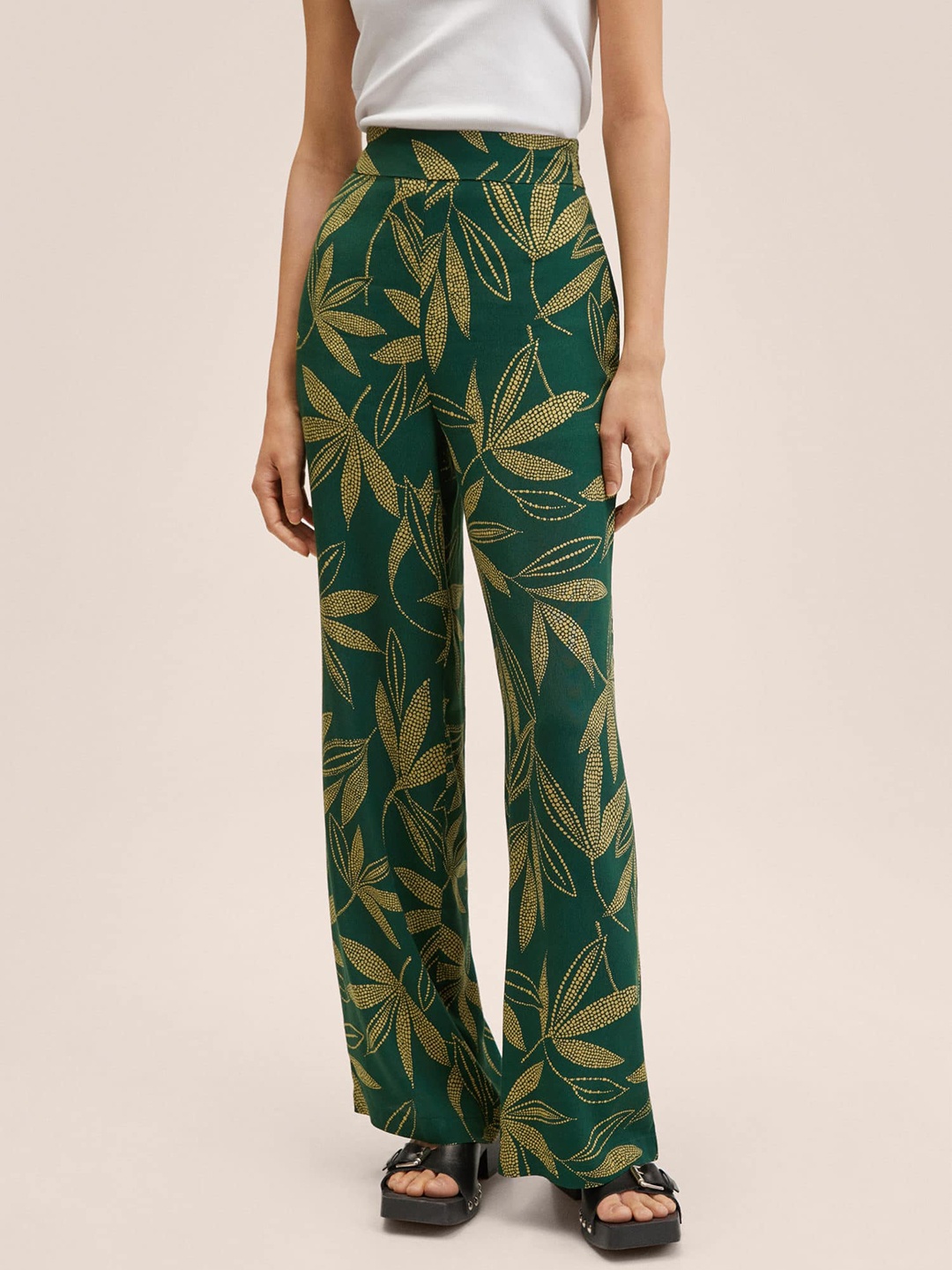 

MANGO Women Green Floral Striped Trousers