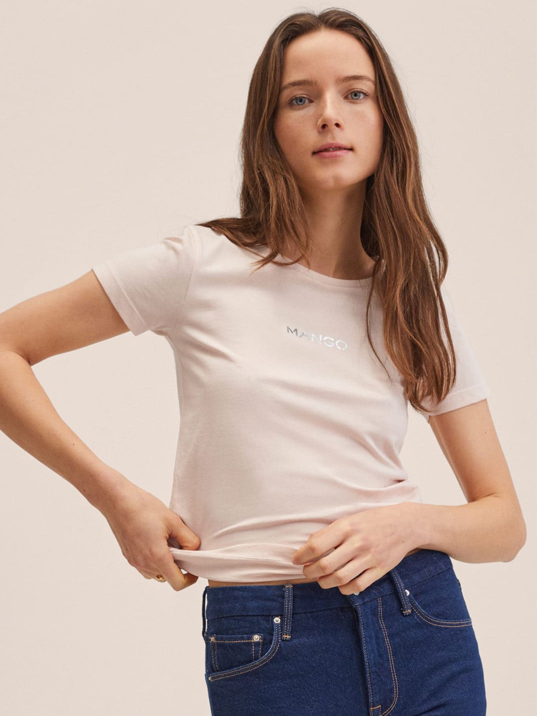 

MANGO Women Dusty Pink Cotton Brand Logo Printed T-shirt, Rose