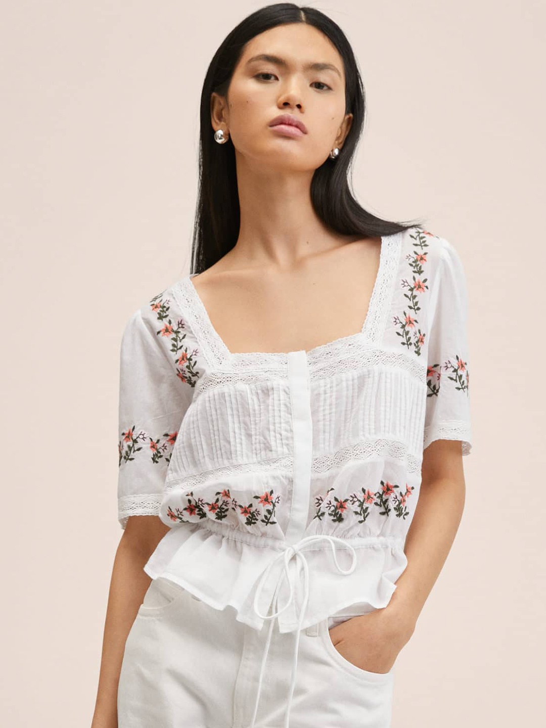 

MANGO White Pure Cotton Floral Embroidered Top