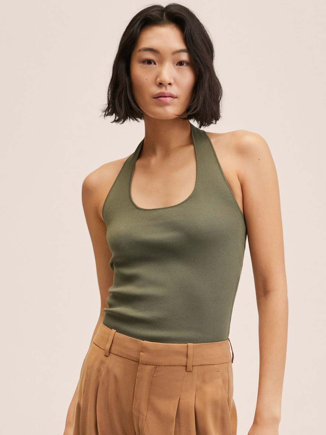 

MANGO Olive Green Halter Neck Styled Back Top