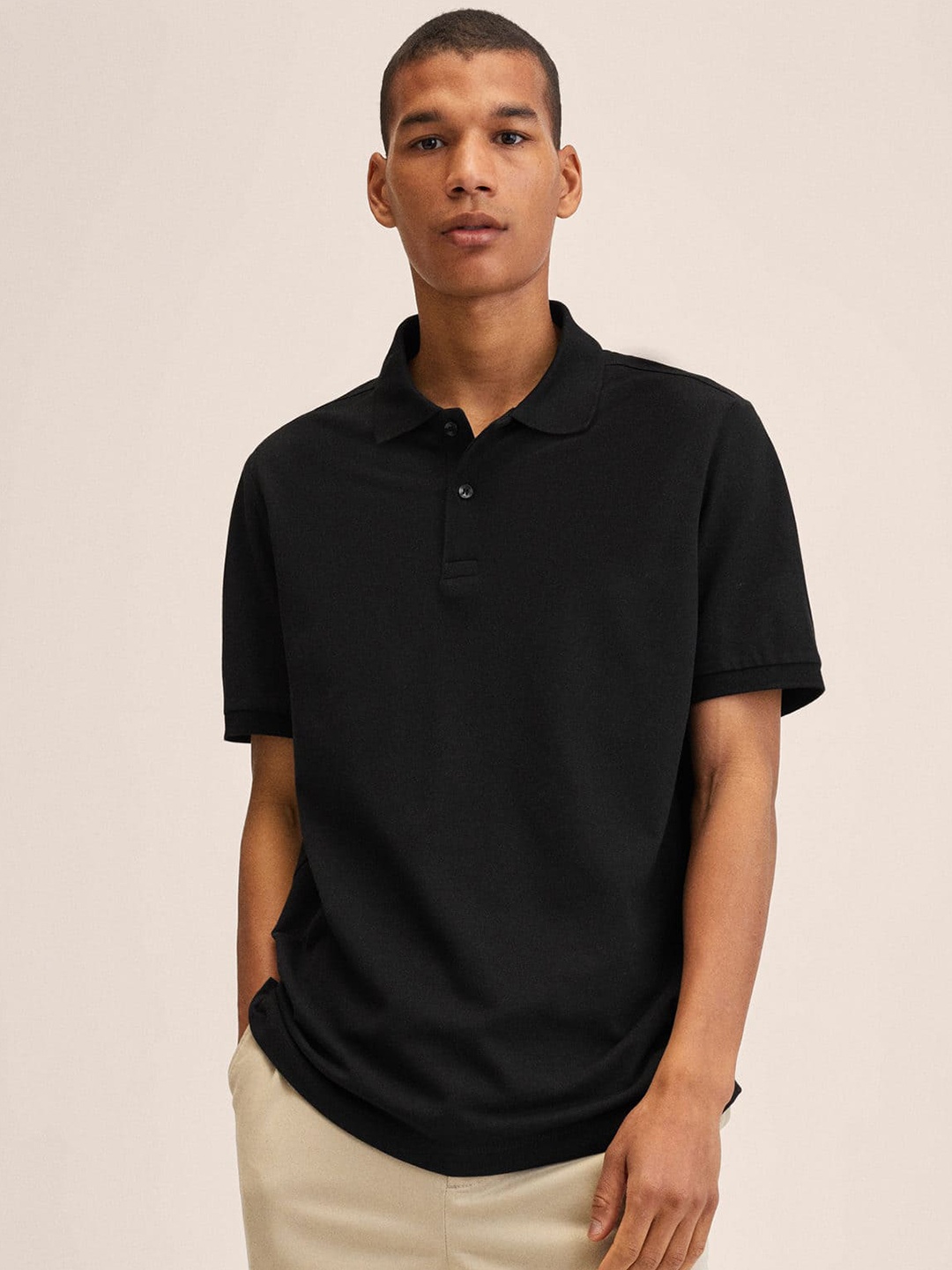 

MANGO MAN Black Polo Collar Pure Cotton T-shirt