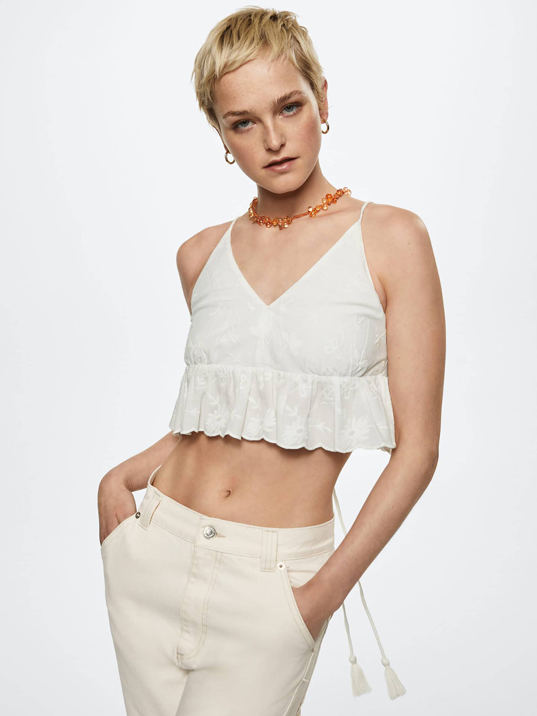 

MANGO White Floral Embroidered Halter Neck Styled Back Crop Top