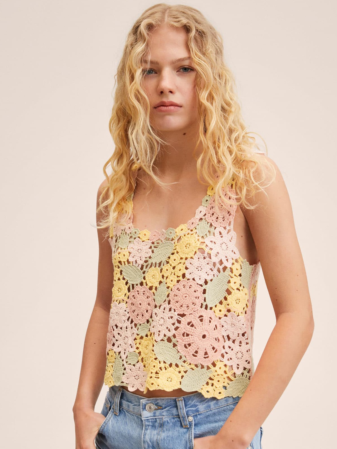 

MANGO Green & Yellow Floral Crochet Top