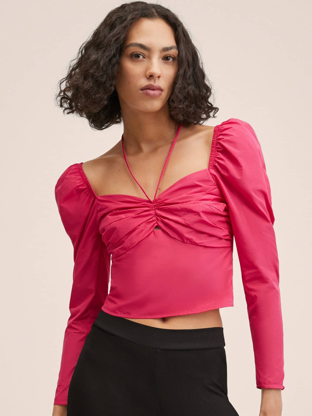 

MANGO Women Pink Sweetheart Neck Crop Top