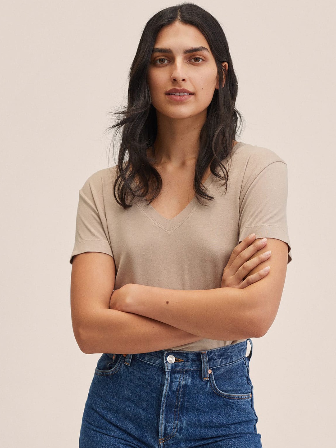 

MANGO Women Beige Solid T-shirt