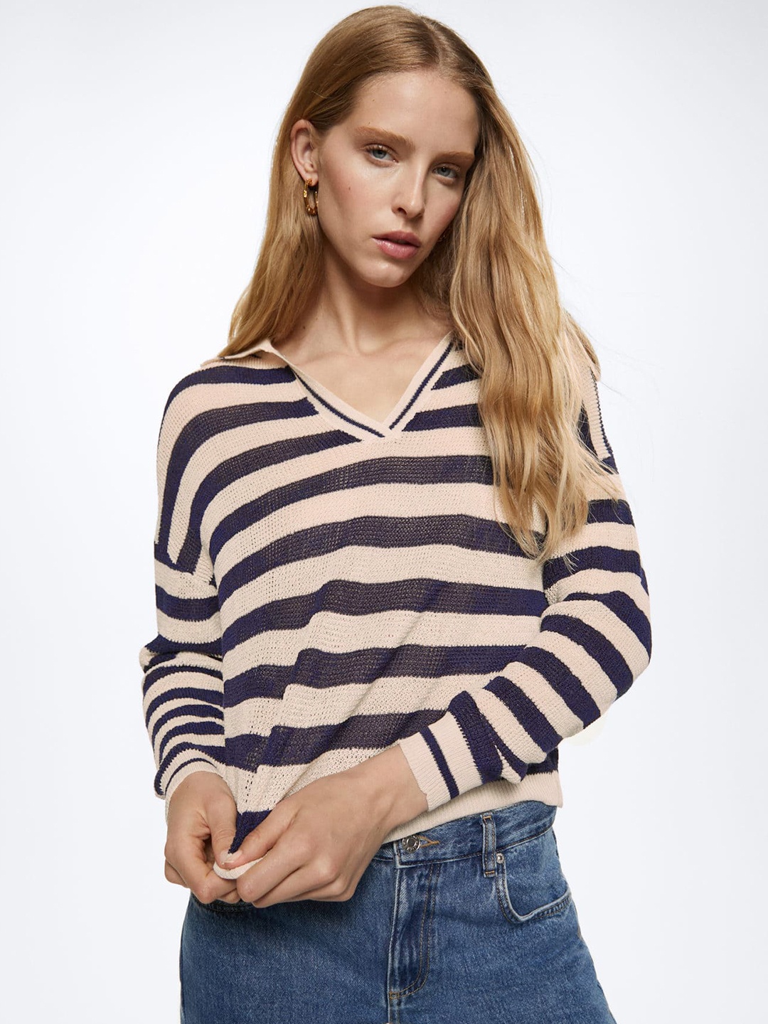 

MANGO Women Navy Blue & Cream-Coloured Striped Pullover