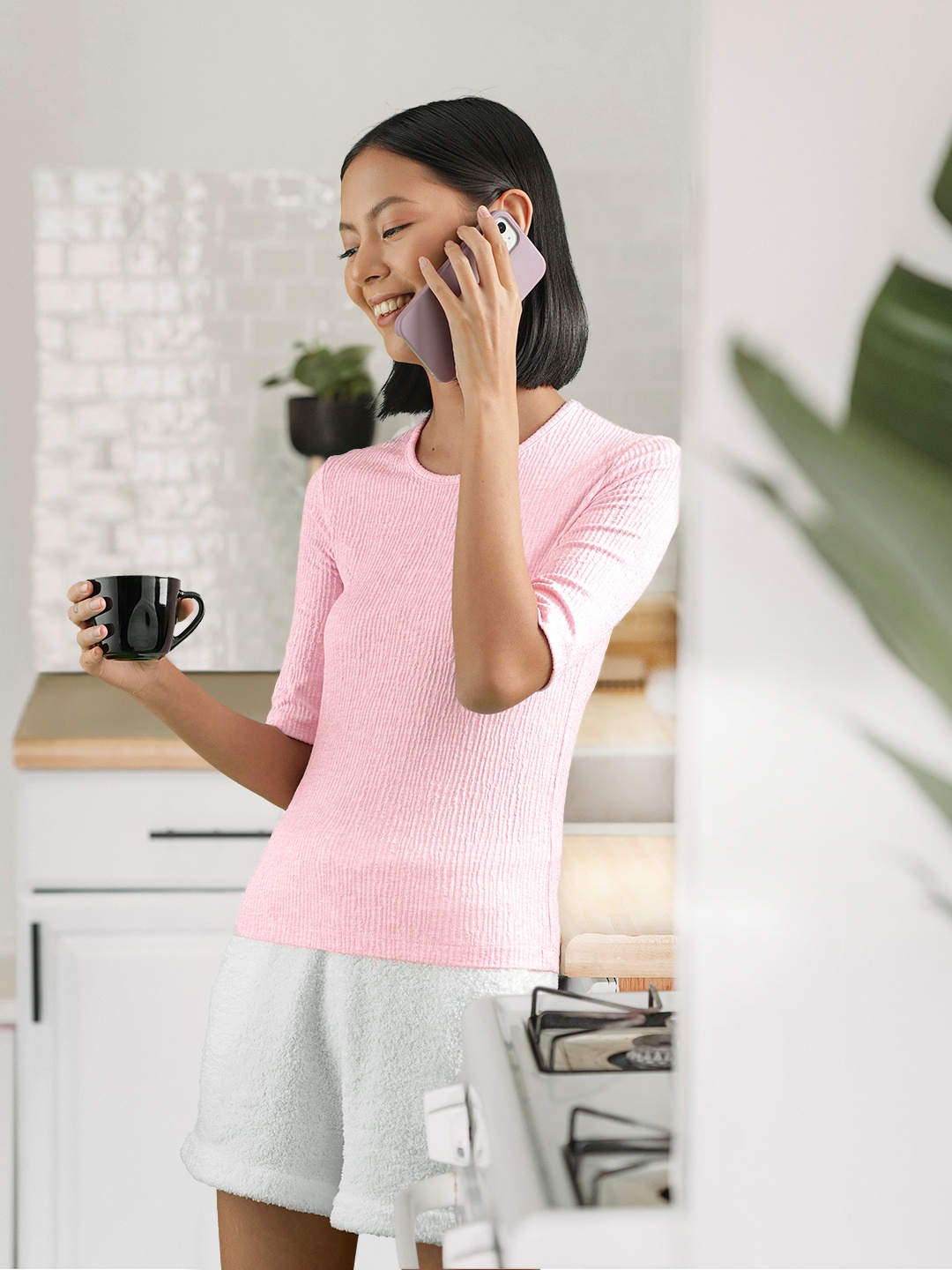 

MANGO Women Pink Textured T-shirt