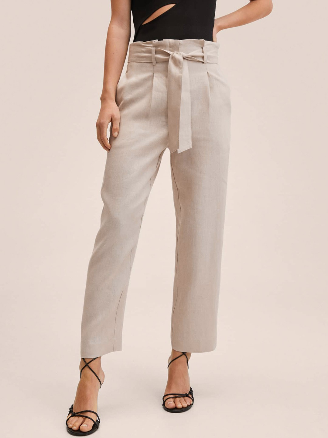 

MANGO Women Beige High-Rise Trousers