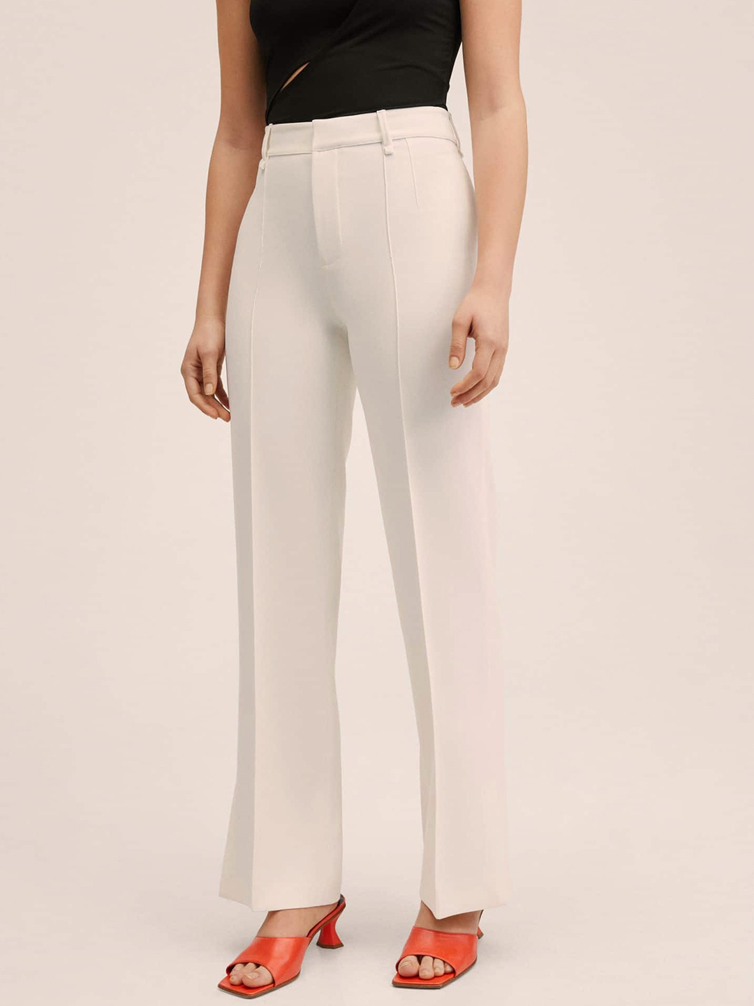 

MANGO Women White Straight Fit High-Rise Pleated Trousers