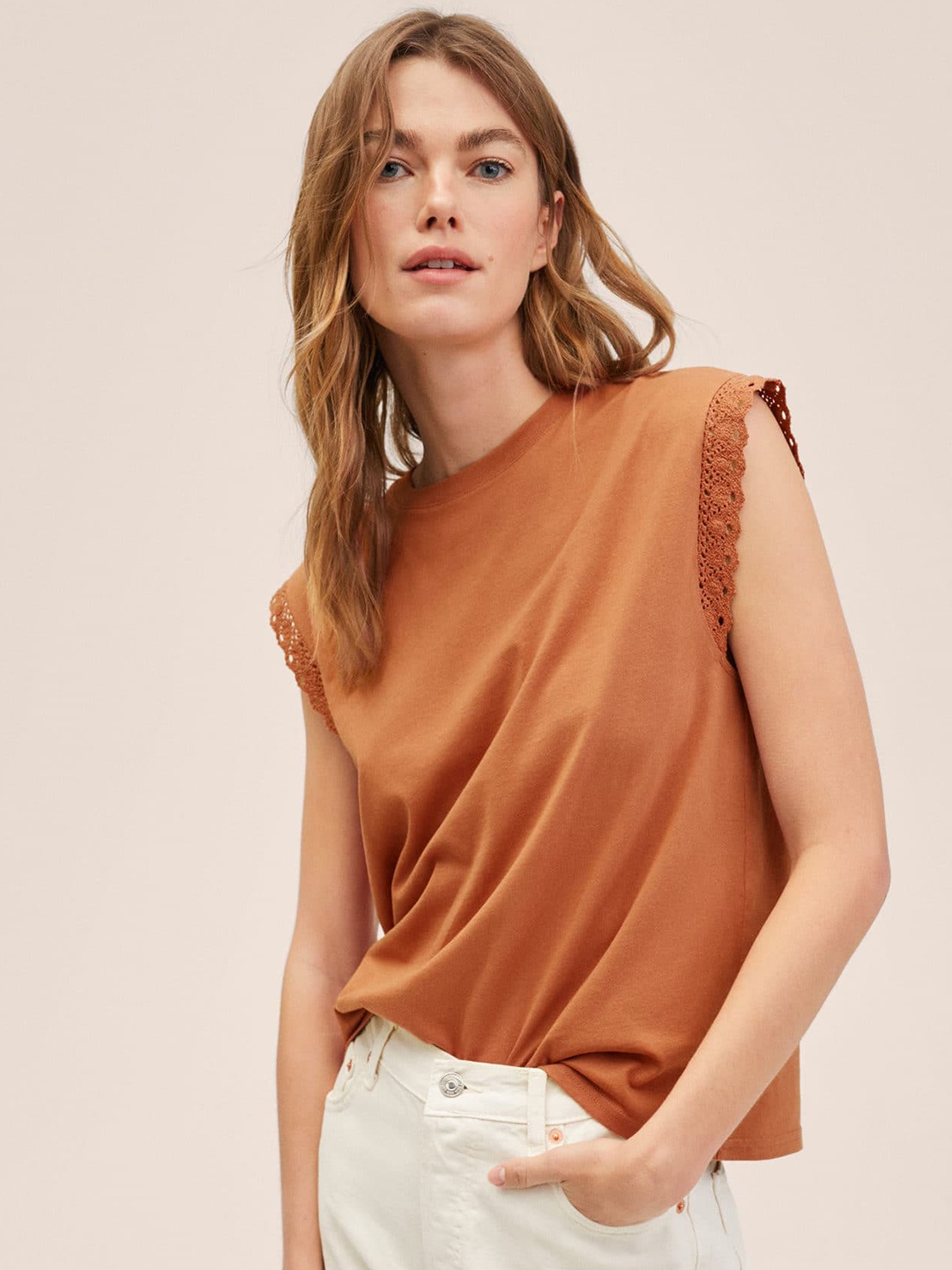 

MANGO Women Brown Solid Cotton Extended Sleeves T-shirt