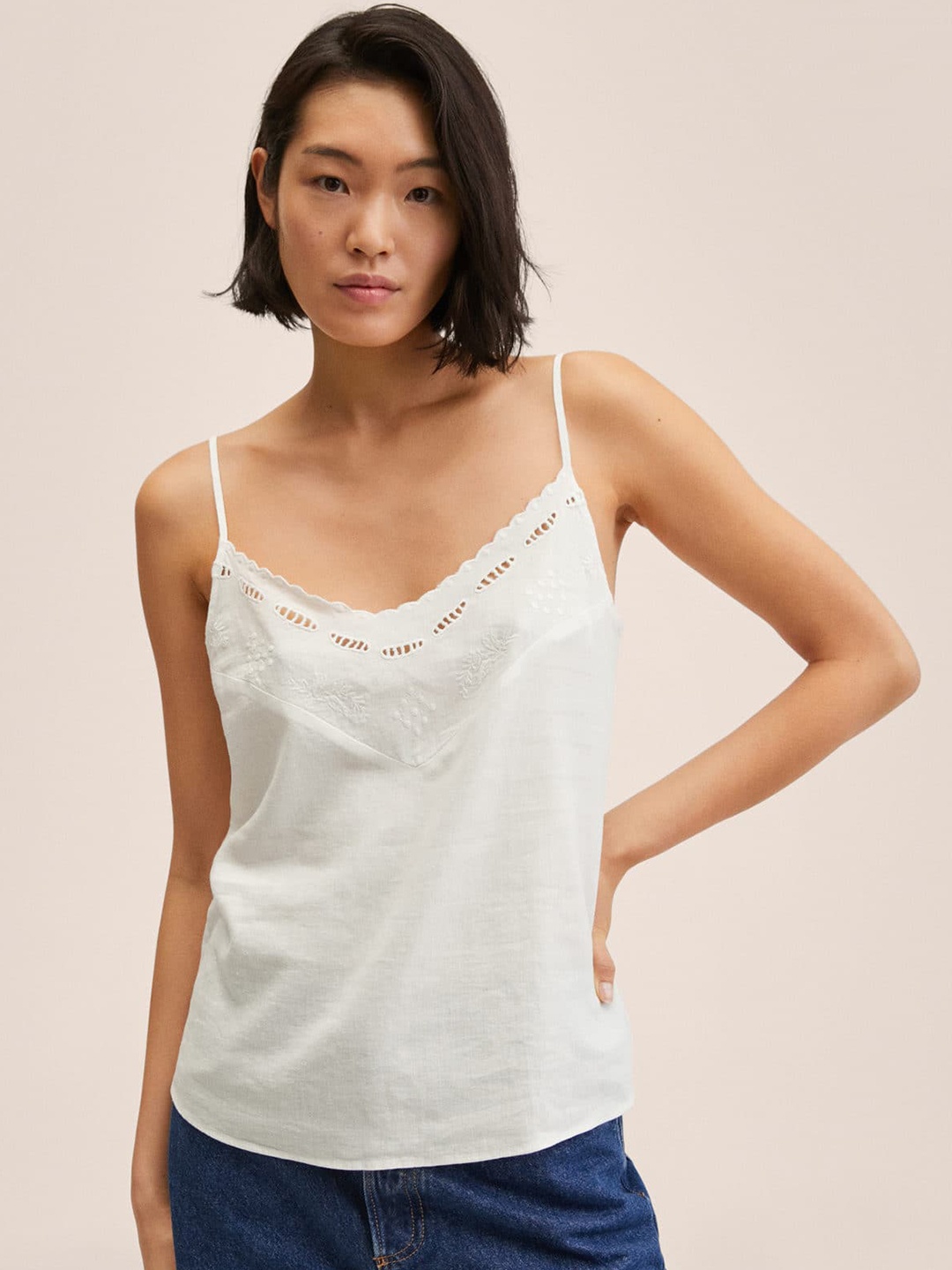 

MANGO White Linen Shoulder Strap Top