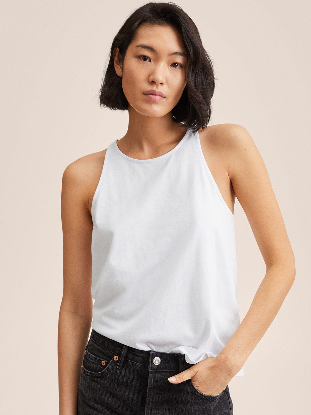 

MANGO White Pure Cotton Solid Tank Top