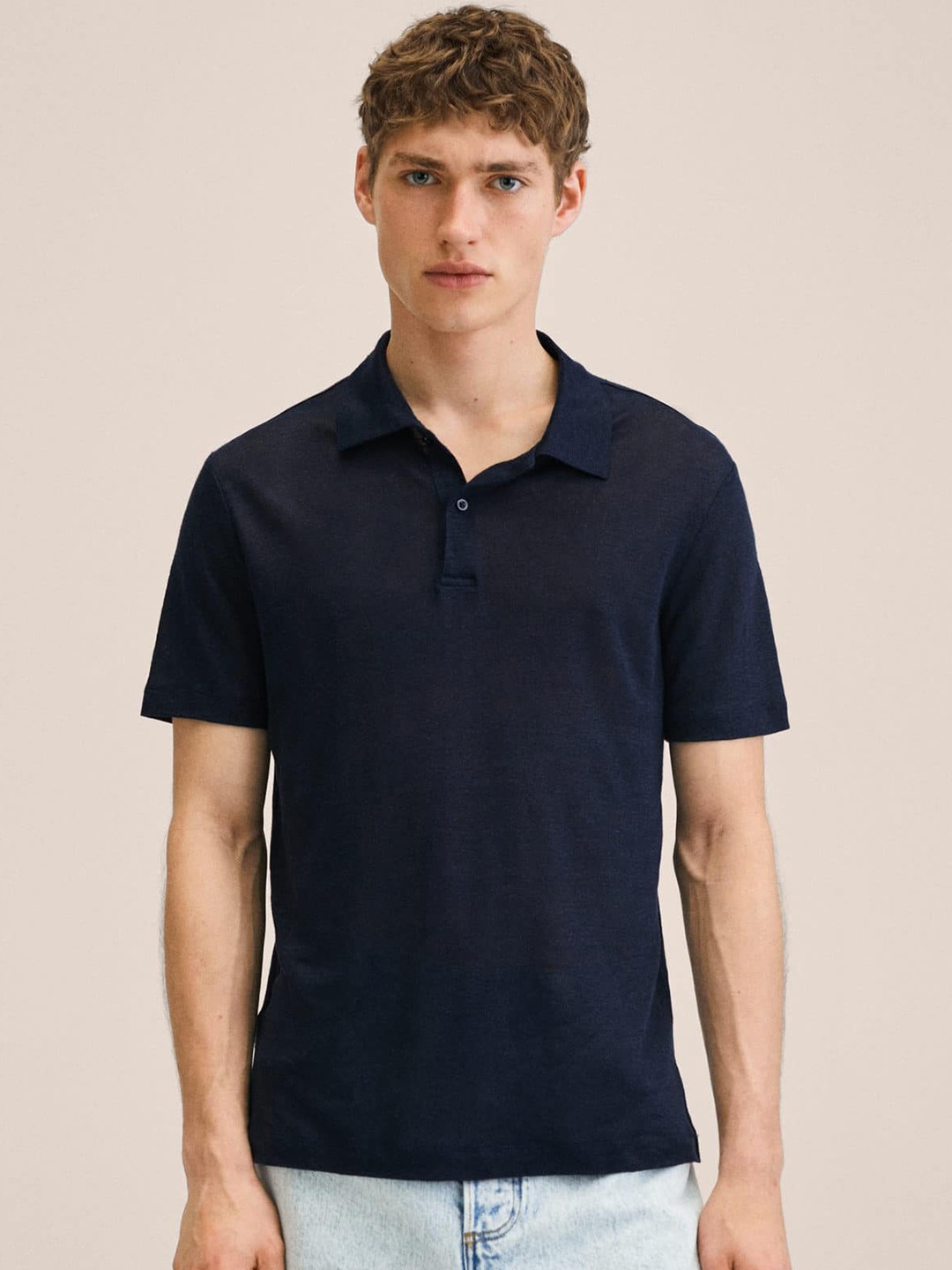 

MANGO MAN Navy Blue Pure Linen Polo Collar T-shirt