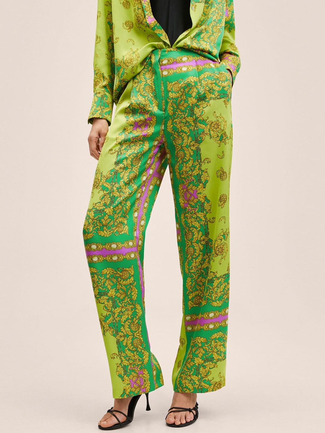 

MANGO Women Green & Pink Ethnic Motifs Printed Trousers