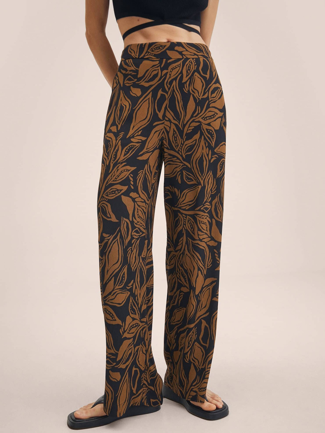 

MANGO Women Black & Brown Floral Printed Trousers
