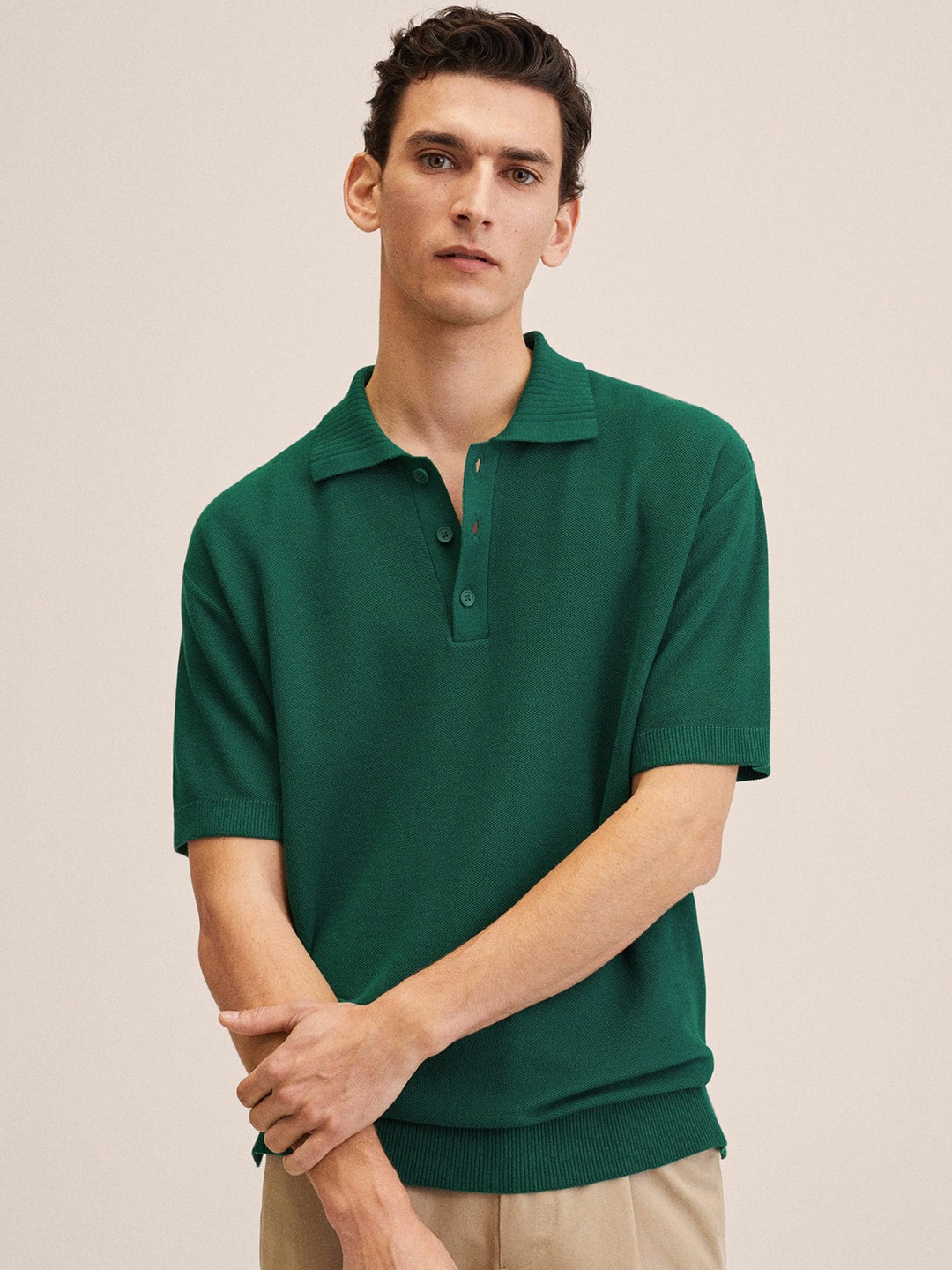 

MANGO MAN Green Polo Collar Pure Cotton T-shirt