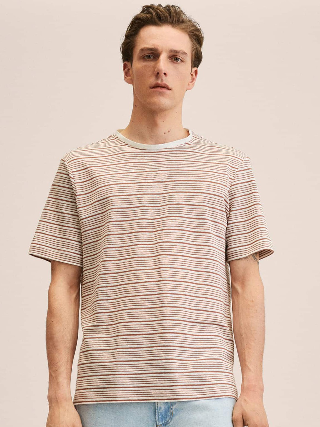 

MANGO MAN White & Brown Striped Linen T-shirt