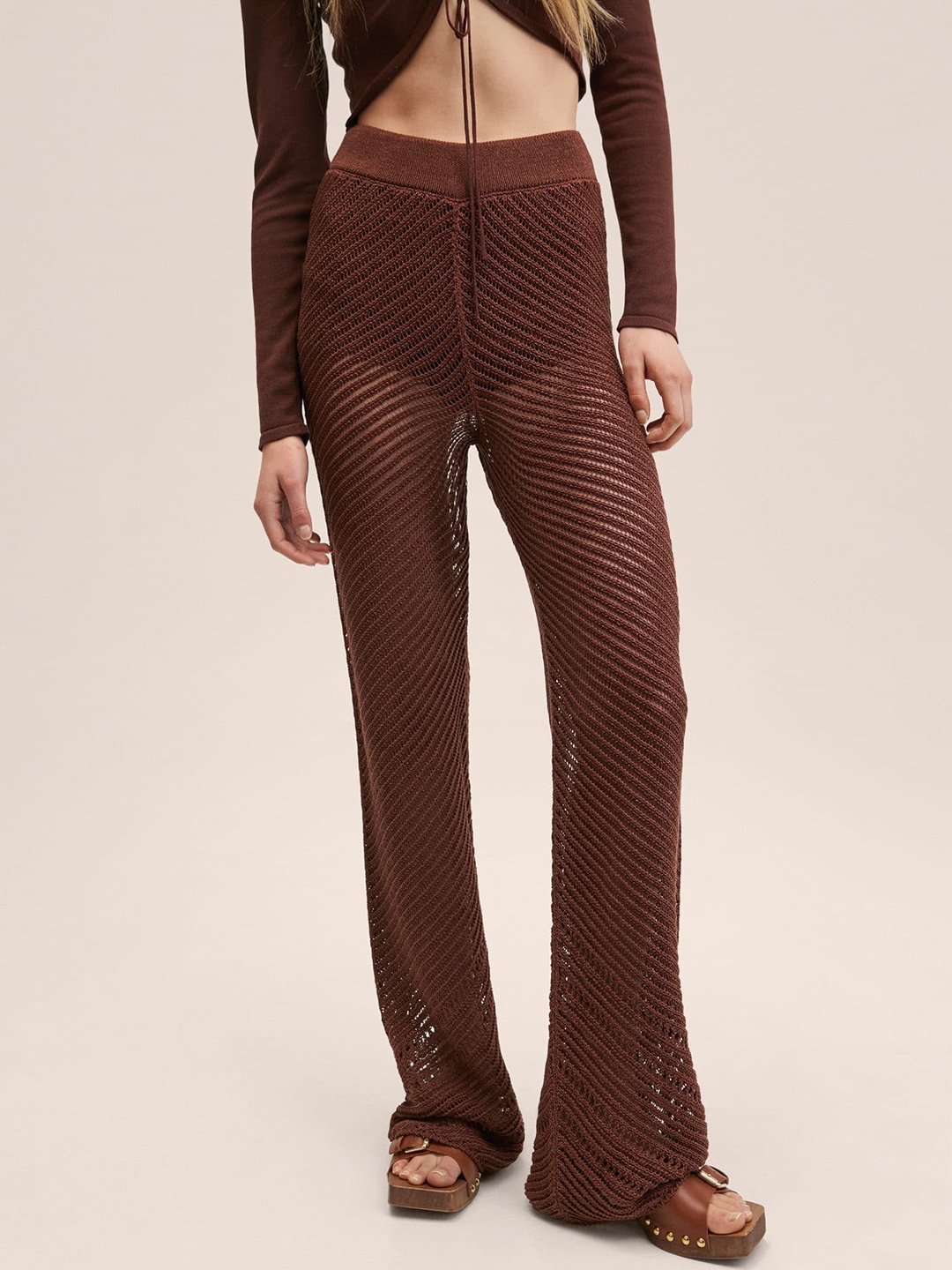 

MANGO Women Rust Brown Open-Knit Wide Leg Trousers