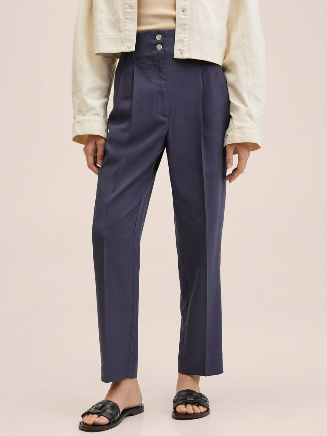 

MANGO Women Navy Blue Slouchy Fit High-Rise Pleated Trousers