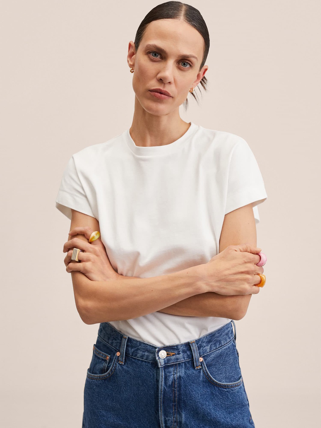 

MANGO Women White Pure Cotton Extended Sleeves T-shirt