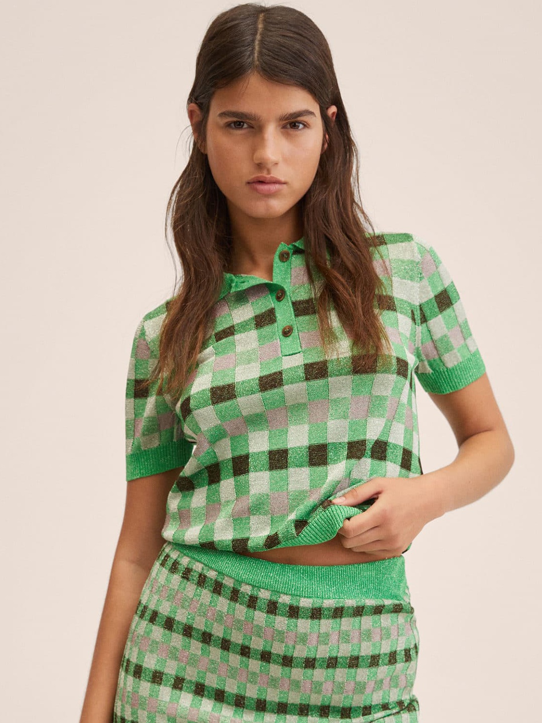 

MANGO Women Green & Black Checked Polo Collar T-shirt