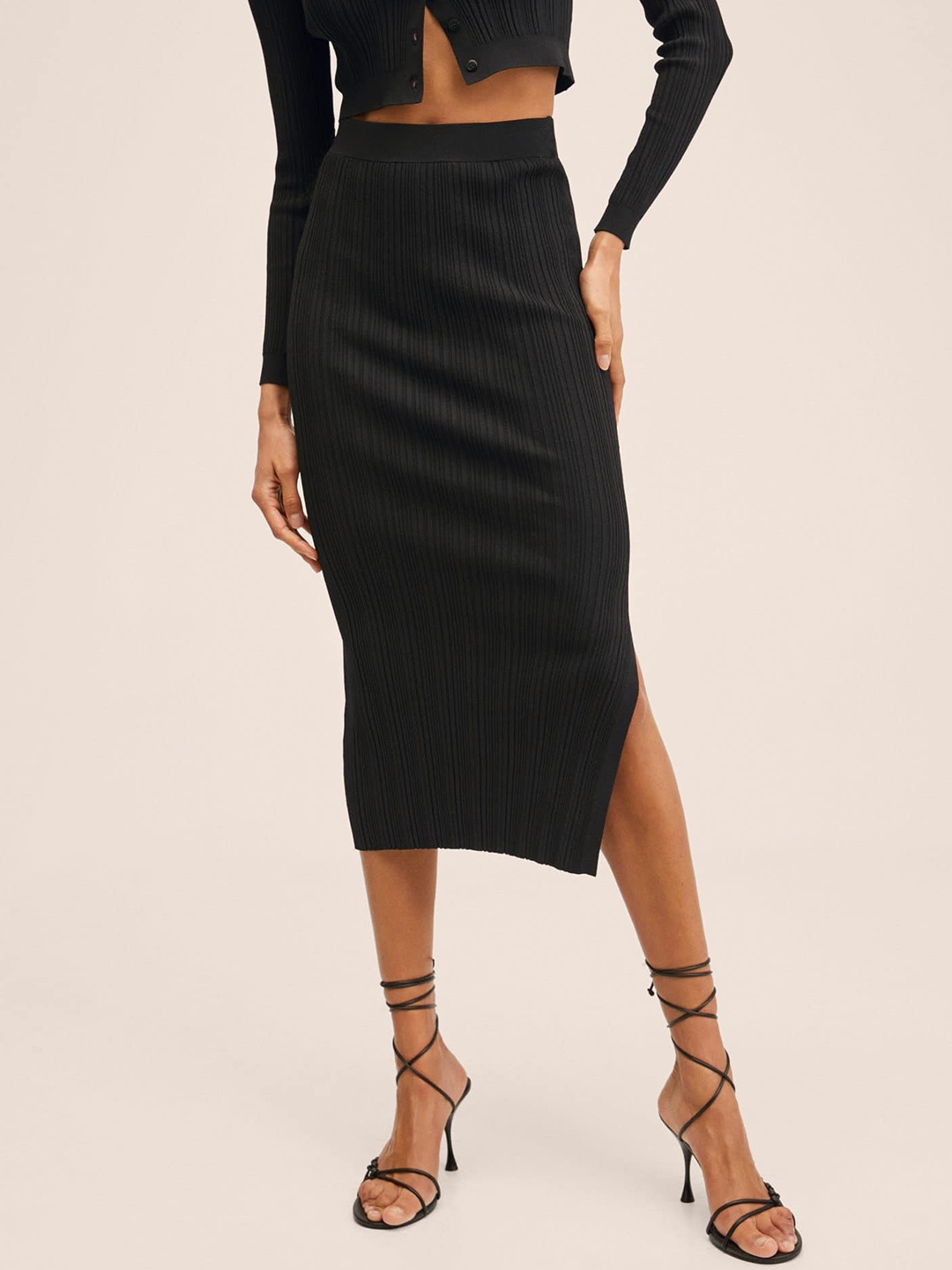 

MANGO Black Knitted Straight Midi Skirt with Side Slit