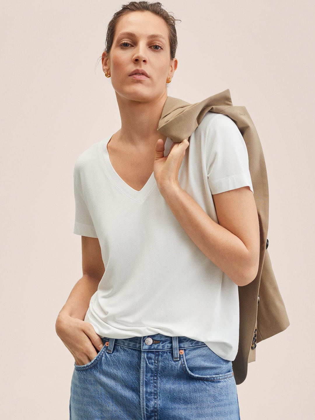 

MANGO Women White V-Neck T-shirt
